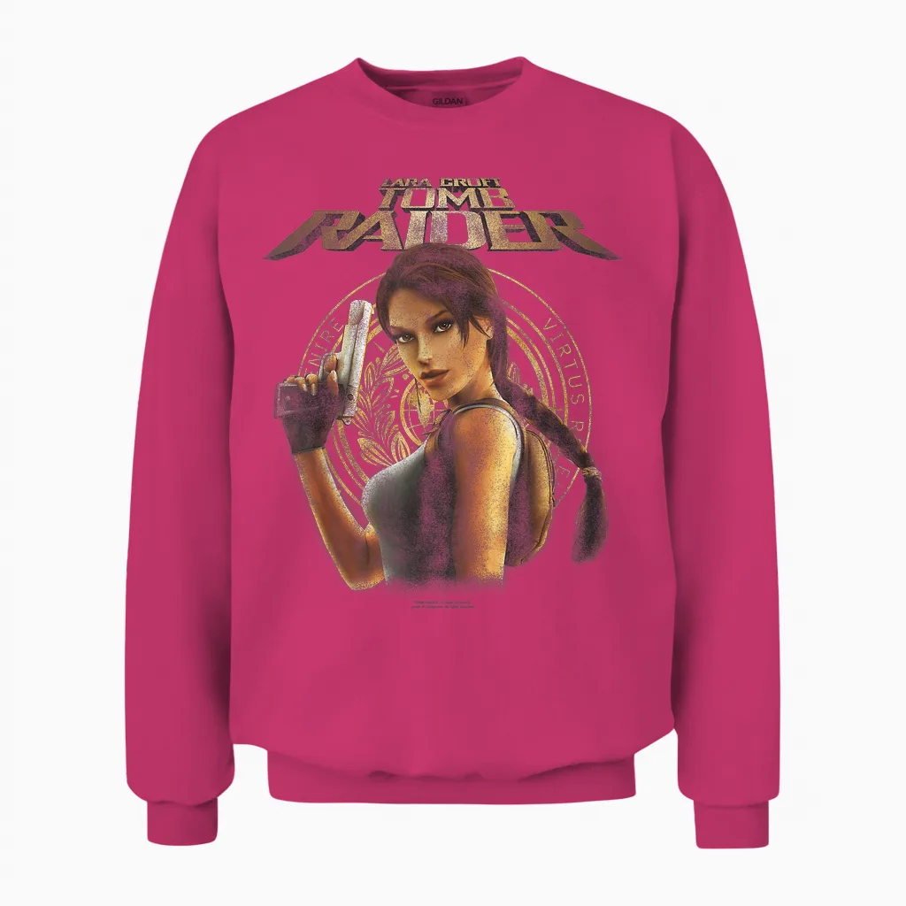 Tomb Raider Lara Croft Portrait with Seal Retro Video Game Unisex Sweatshirt in Heliconia