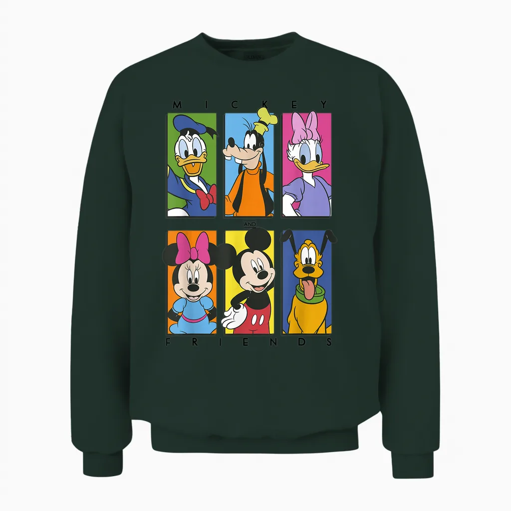 Disney Mickey and Friends Group Shot Panels Unisex Sweatshirt in Forest