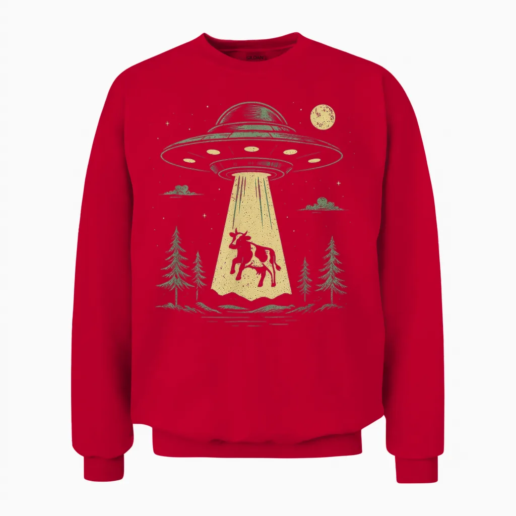 Ufo Cow Kidnapping Design Funny Alien Spaceship Unisex Sweatshirt in Red