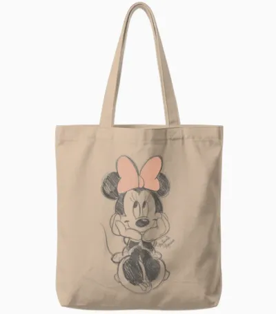 Disney Minnie Mouse Classic Sketch Cute Vintage Portrait T-Shirt, White Tote Bags - Natural
