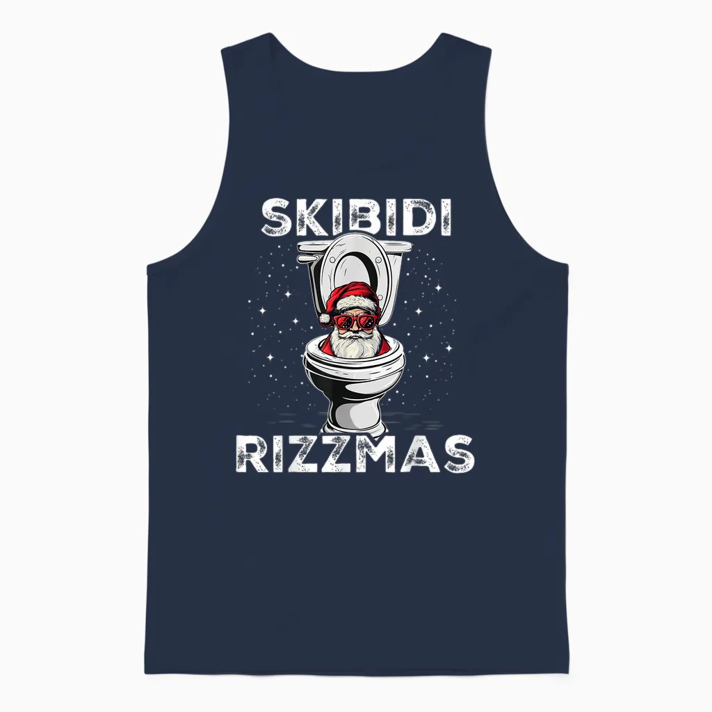 Skibidi Rizzmas Funny Toilet Santa White Elephant Christmas Unisex Tank Top in Navy