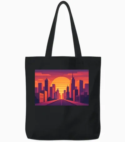 Sunset in Retro City Tote Bags - Black