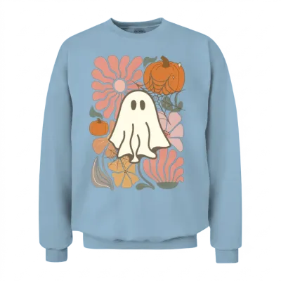Boho Floral Fall Pink Ghost Unisex Sweatshirt - Light Blue