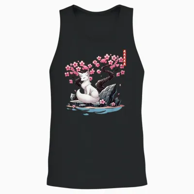 Japanese Kitsune Yokai White Fox Ghost Ukiyo E Sakura Unisex Tank Top - Black
