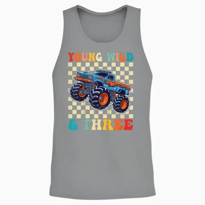 3rd Birthday Monster Truck Young Wild and Three 3 Year Old Unisex Tank Top - Sport Grey