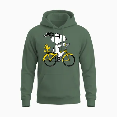Snoopy & Woodstock Riding Bike Unisex Hoodie - Military Green