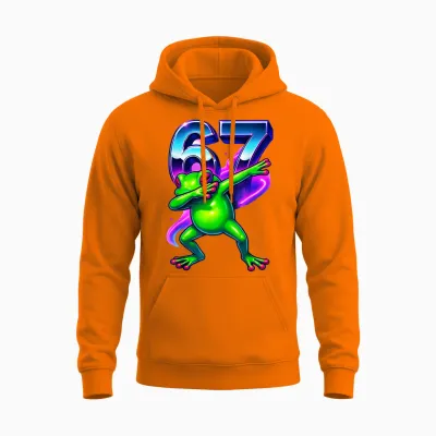 6-7 Meme Dabbing Frog Six Seven Kids Boys Girls 67 Dance Unisex Hoodie - Safety Orange