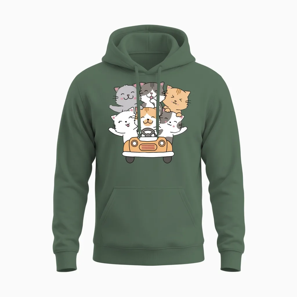 Cute Cat Driving Lovers Unisex Hoodie in Military Green