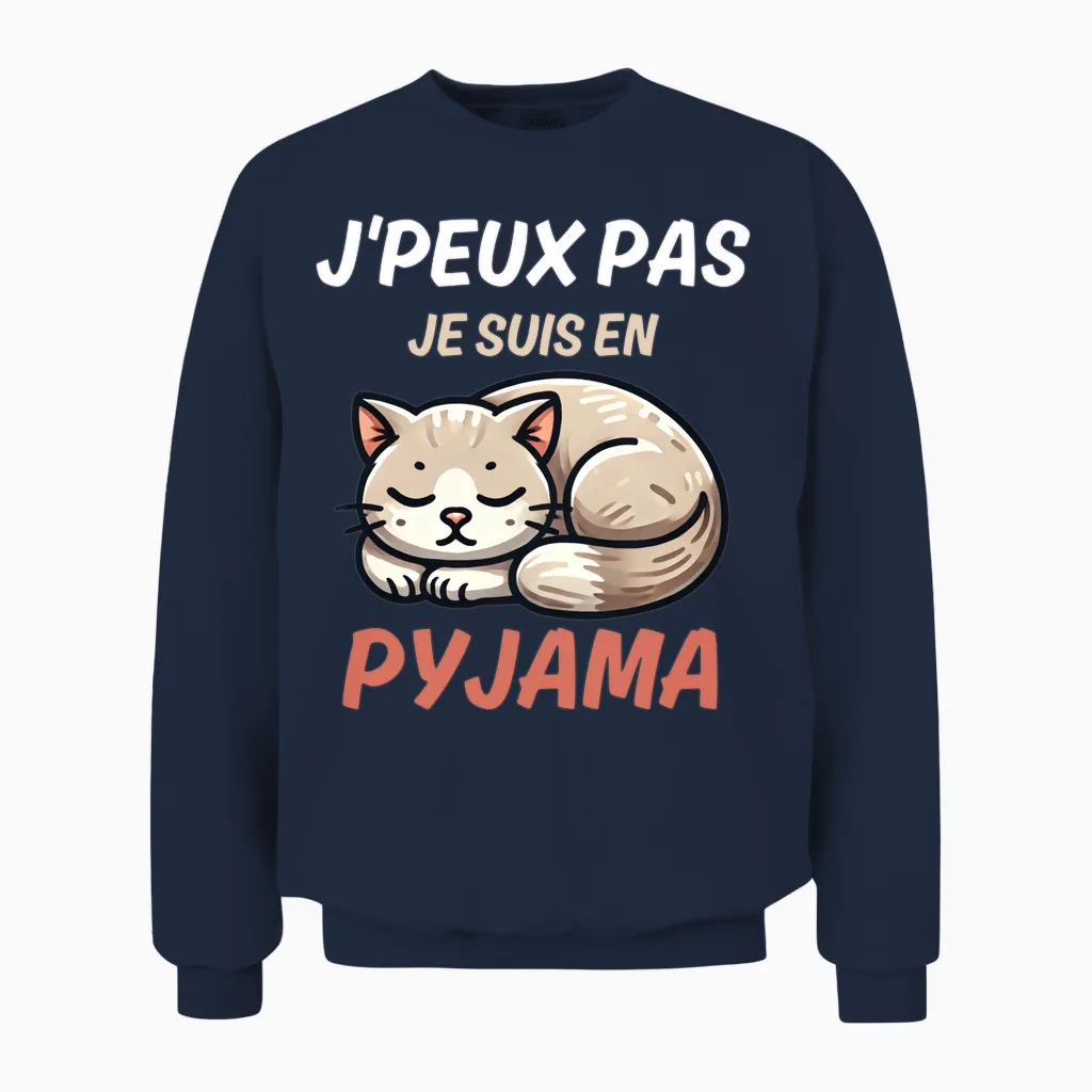 J'peux Pas Je Suis in Pyjamas Fun Gift with a Cat Long Sleeve, Black, S Unisex Sweatshirt in Navy