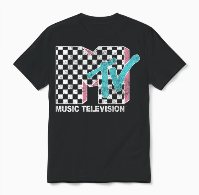 Mtv Neon Distressed Checkered Logo Graphic Unisex T-Shirt in Black