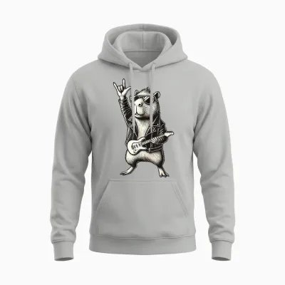 Rock and Heavy Metal Music, Capybara Rocker and Hand Guitar Rock Unisex Hoodie - Ash