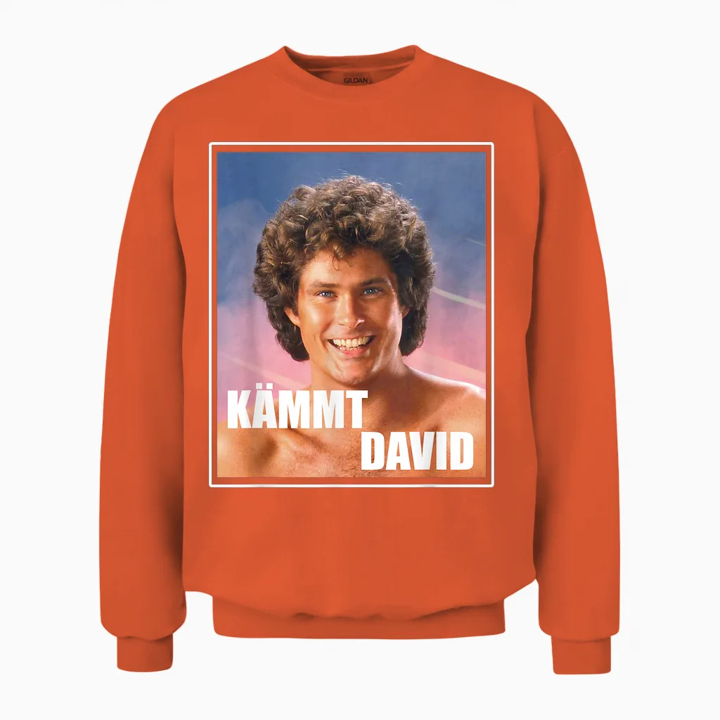 Kämmt David - Funny Satire Saying Serial Junkies Hairdresser T-Shirt, Black Unisex Sweatshirt in Orange