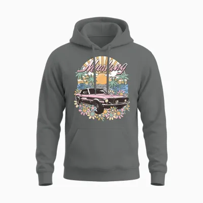 Ford – Vintage Pink Mustang Floral Beach Sunset Palm Trees T-Shirt, White, S Unisex Hoodie - Graphite Heather