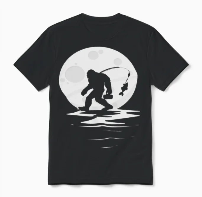 Bigfoot Fishing Funny Unisex T-Shirt in Black