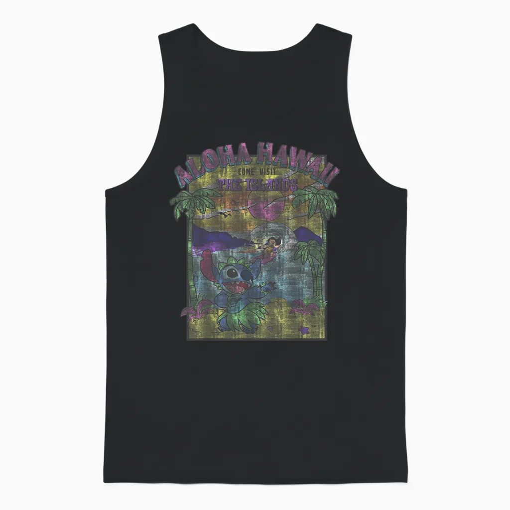 Disney Lilo & Stitch Aloha Hawaii Come Visit the Islands Unisex Tank Top in Black