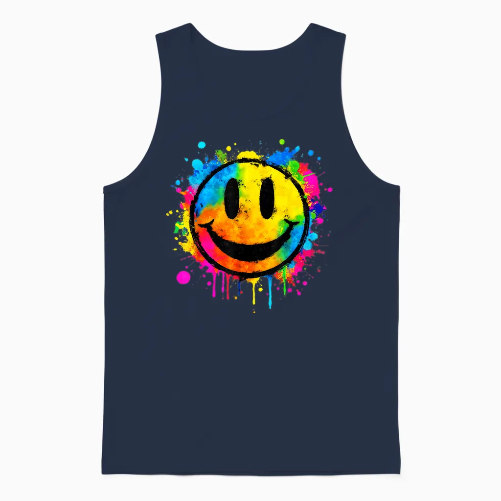 Cute Paint Splash Happy Smile Face 70s Tie Dye Smiling Funny Unisex Tank Top in Navy