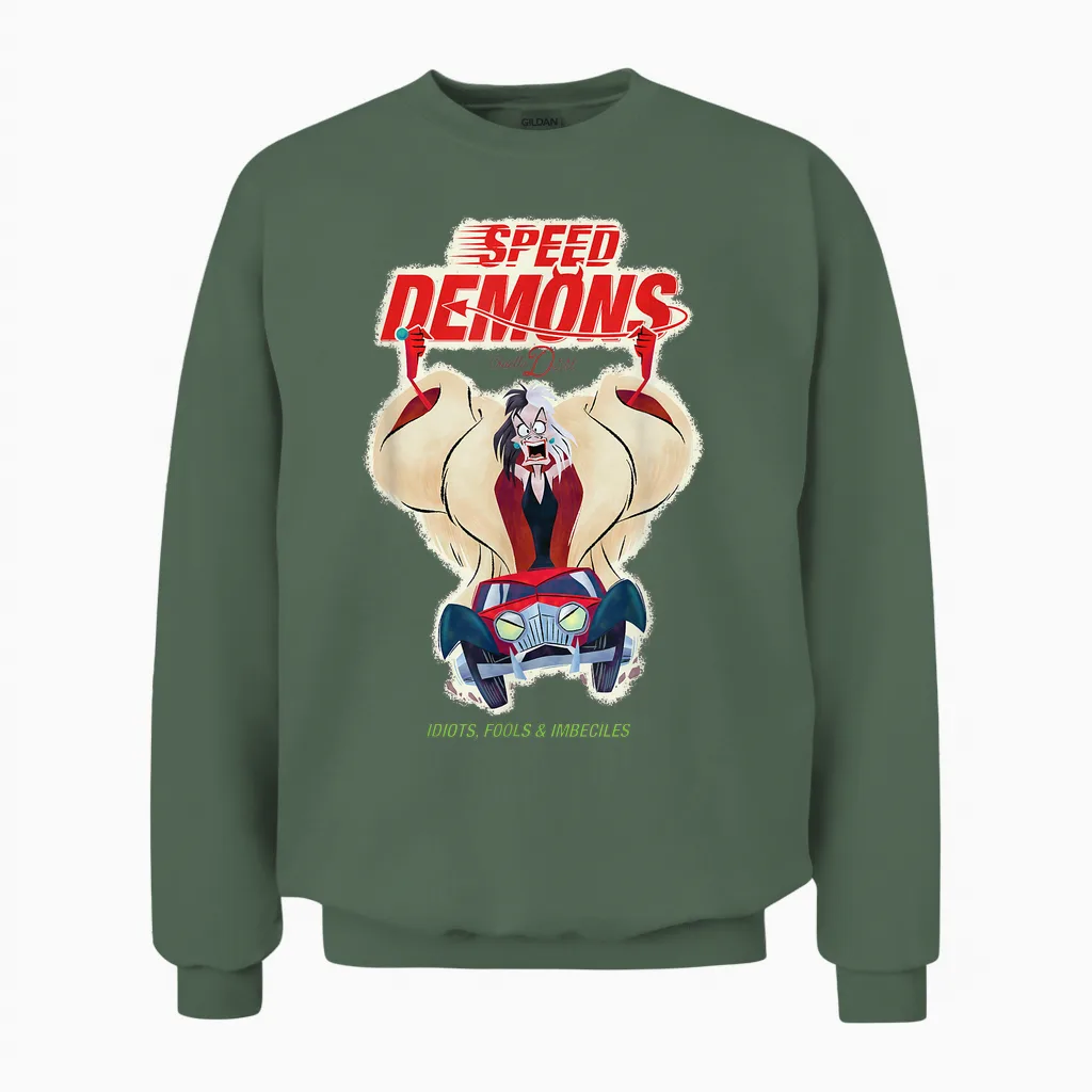 Disney Villains Cruella De Vil Speed Demons Unisex Sweatshirt in Military Green