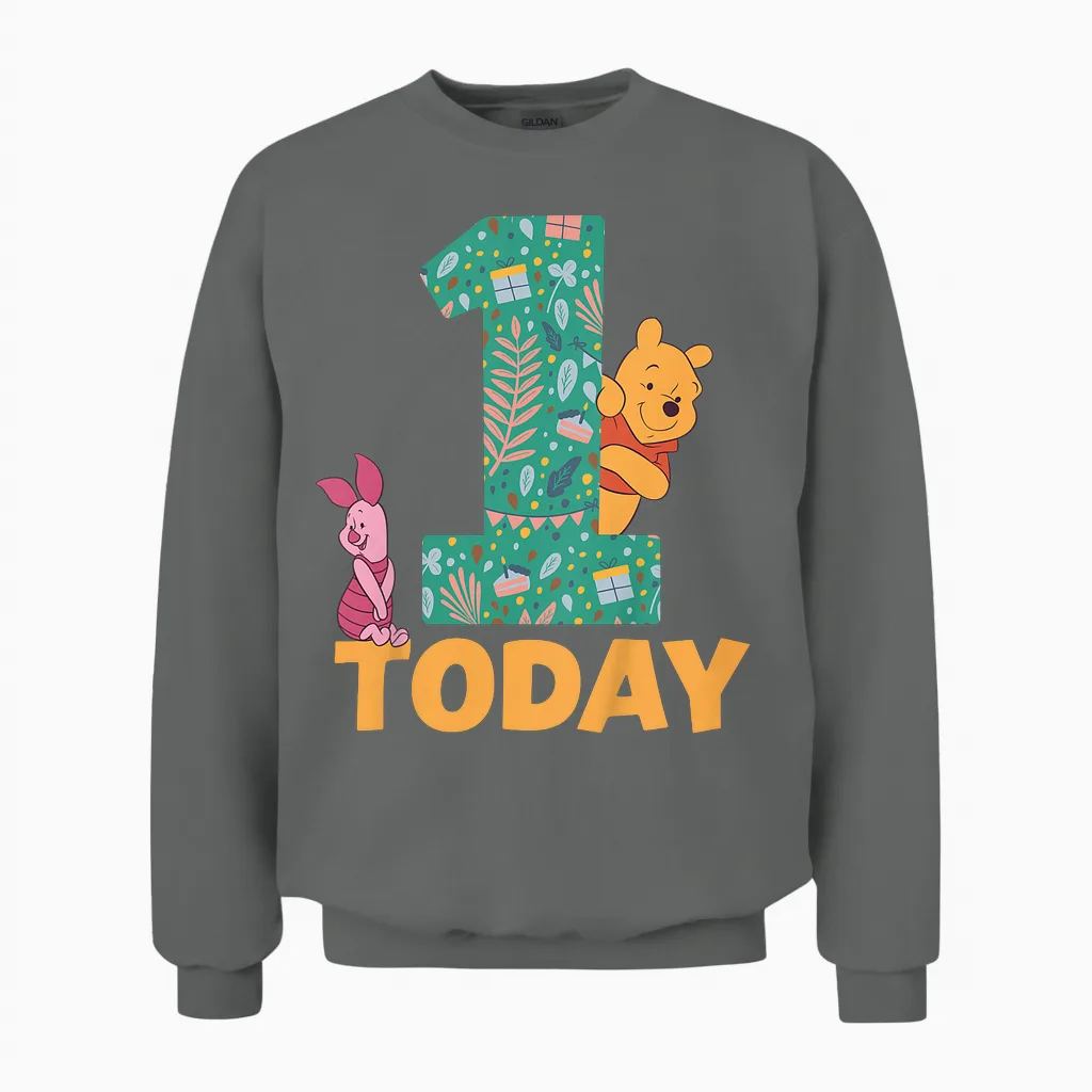 Disney Winnie the Pooh & Piglet Birthday 1 Year Old Today Unisex Sweatshirt in Graphite Heather