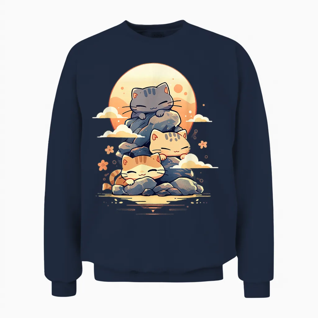 Japanese Cats Sleeping Cat Cute Kitten Anime Kawaii T-Shirt, Black Unisex Sweatshirt in Navy