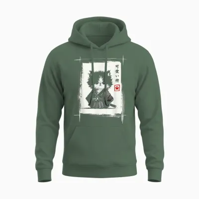 Samurai Cat Japanese Art Sumi-E Novelty Kawaii Funny Cat Unisex Hoodie - Military Green