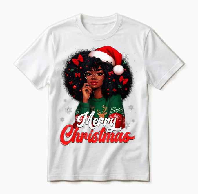 Black Girl Santa Hat Merry Christmas Pajama African American Unisex T-Shirt in White