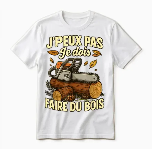 J'peux Pas Je Dois Faire Bois Hatchet Lumberjack Chainsaw Unisex T-Shirt in White
