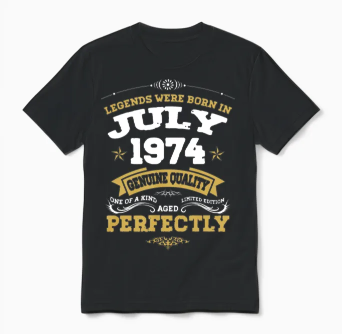Vintage Aged to Perfection July 1974 Unisex T-Shirt in Black