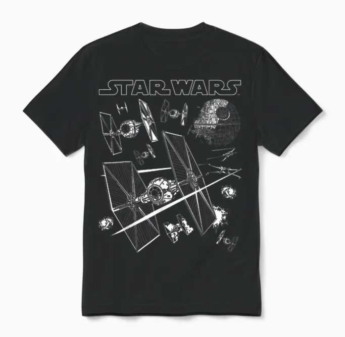 Star Wars X-Wings Chase Tie Fighters T-Shirt with Death Star Logo T-Shirt, Black, S Unisex T-Shirt in Black