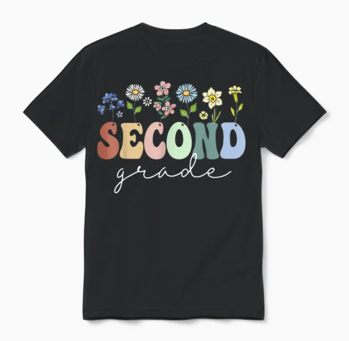 2nd Grade Wildflower Floral Back to School Gift for Teachers T-Shirt for Men Women Girls Kids Unisex T-Shirt in Black