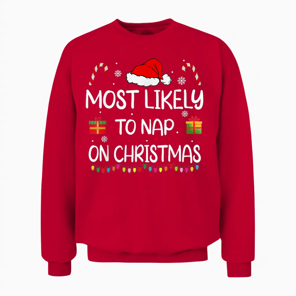 Most Likely to Nap on Christmas Family Funny Matching Unisex Sweatshirt in Red