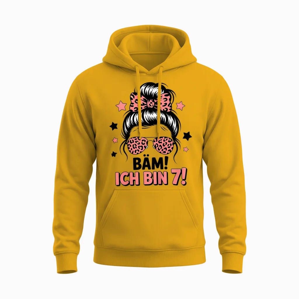 Bäm Ich Bin 7 Messy Bun Mädchen 7 Geburtstag Unisex Hoodie in Gold