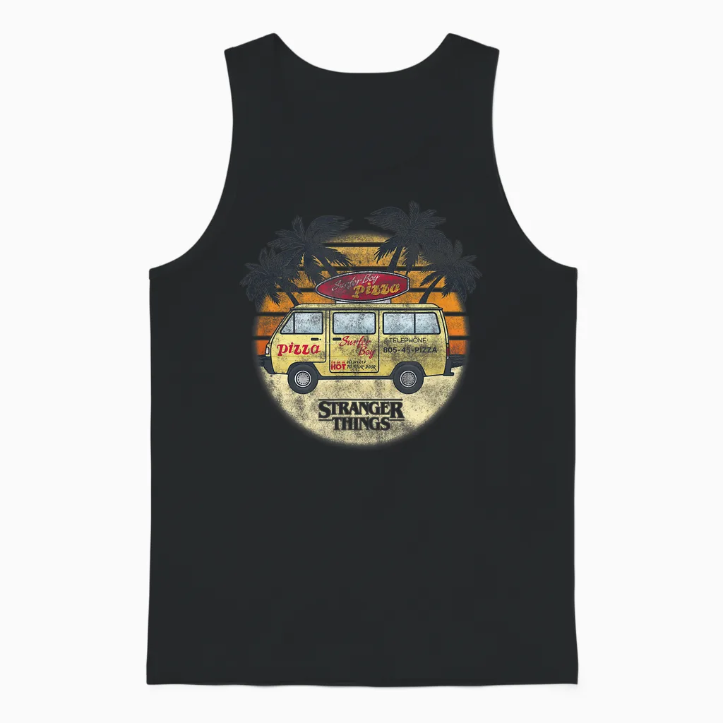 Stranger Things 4 Surfer Boy Pizza Van Unisex Tank Top in Black