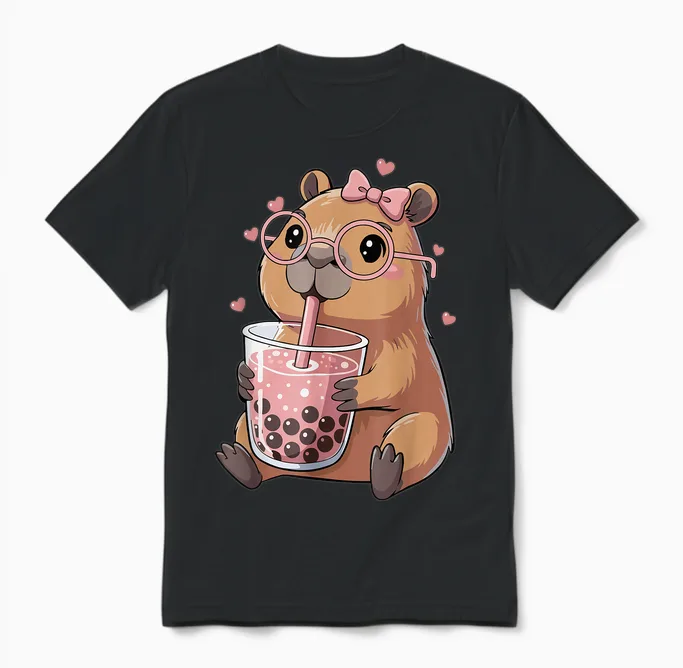 Capybara Drinking Bubble Tea Für Mädchen Cute Capybara Unisex T-Shirt in Black