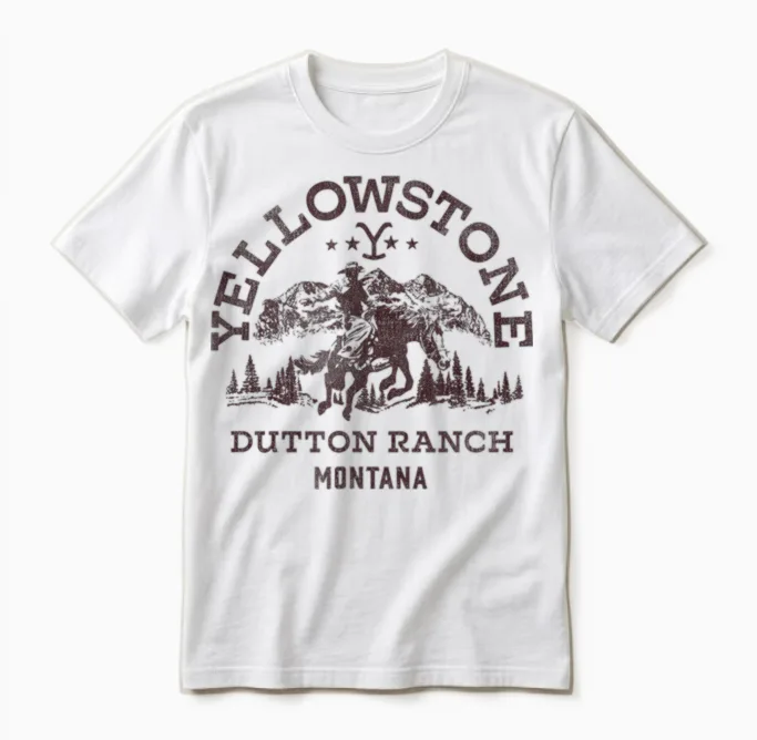 Yellowstone Dutton Ranch Montana Western Cowboy Logo T-Shirt, White Unisex T-Shirt in White