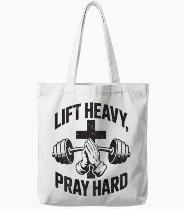 Lift Heavy Pray Hard Men's Christian Workout Gym Tote Bags in White
