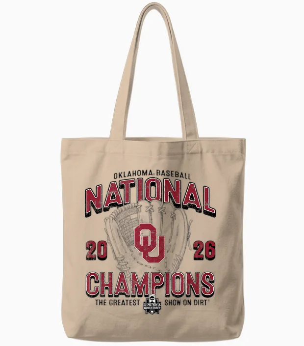 Oklahoma Sooners National Champs 2026 Baseball Cws Gray Tote Bags in Natural