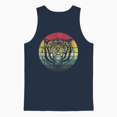 Retro Sunset Tiger Distressed Unisex Tank Top - Navy