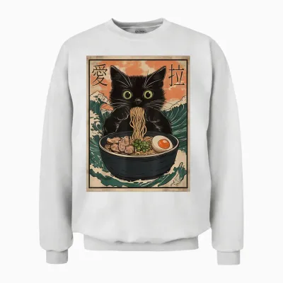 Cat Ramen Japanese Art Great Wave Kanagawa Funny Graphic Unisex Sweatshirt - White