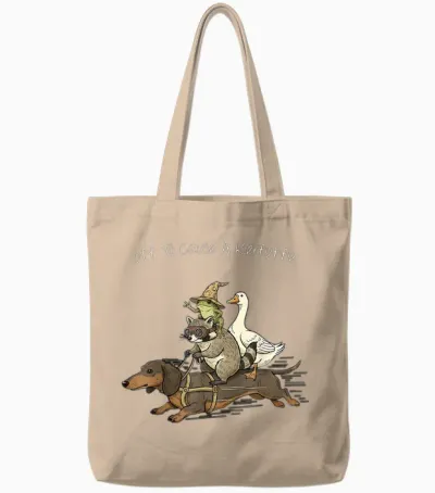 Off to Cause a Kerfuffle Frog Raccoon Goose Riding Dachshund Tote Bags - Natural