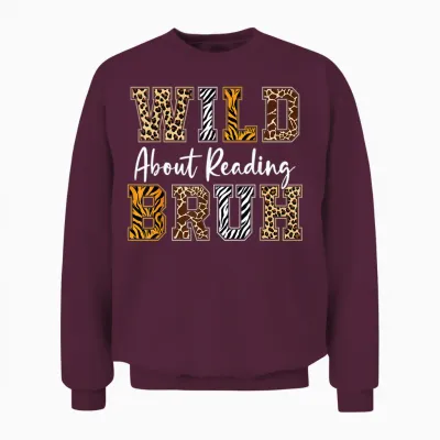 Boys Animal Print Clothes Wild About Reading Kids Book Lover Unisex Sweatshirt - Maroon
