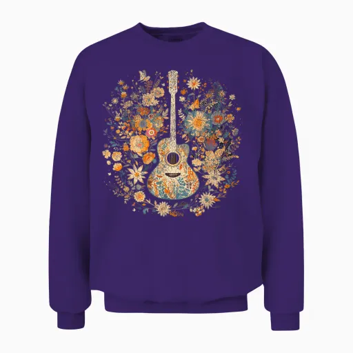 Acoustic Guitar American Folk Music Flowers Nature Country T-Shirt, Black, S Unisex Sweatshirt - Purple