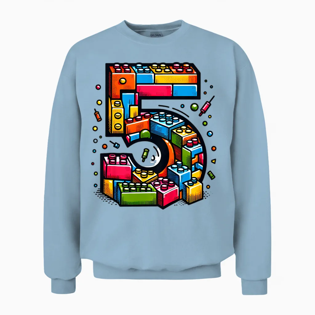 Children's 5th Birthday with Building Blocks Gift Idea T-Shirt, Black Unisex Sweatshirt in Light Blue