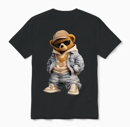 Cool Hipster Stylish Teddy Bear Illustration Graphic Designs Unisex T-Shirt - Black