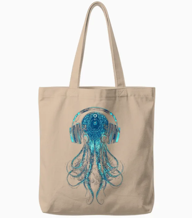 Octopus Animal Lovers Motif Music Headphones Illustration Squid Tote Bags in Natural