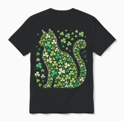 Shamrock Cat St Patricks Day Teens Girls Women Graphic Unisex T-Shirt in Black