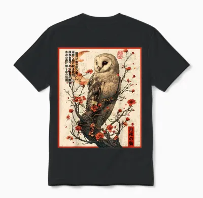 Japanese Moonlight Night Owl Ukiyo-E Gothic Graphic T-Shirt, Black, S Unisex T-Shirt - Black