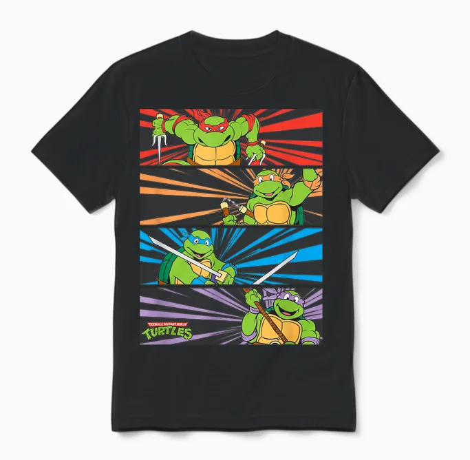 Mademark X Teenage Mutant Ninja Turtles - Raphael, Michaelangelo, Donatello and Leonardo Retro Style Unisex T-Shirt in Black