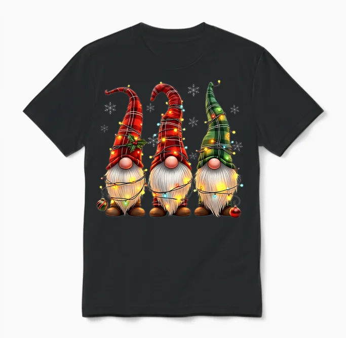 Three Gnomes Men Women Buffalo Plaid Red Christmas Unisex T-Shirt in Black