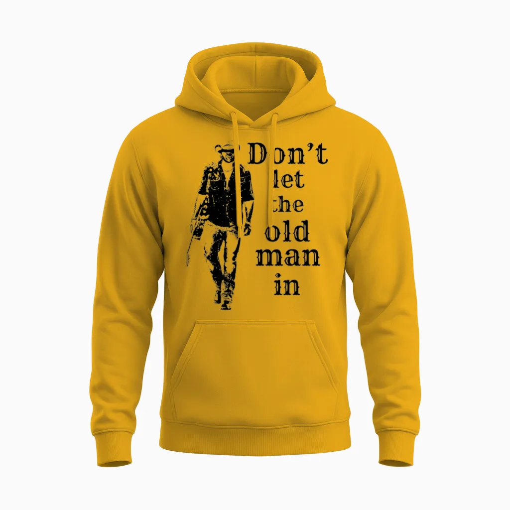 Ne Laissez Pas Le Vieil Homme Au Look Vintage Marcher Avec Une Guitare Manche Longue Unisex Hoodie in Gold