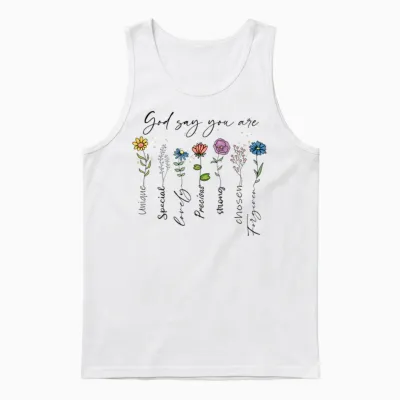 God Says You Are Floral Christian Faith Flowers Bible Verse T-Shirt, White Unisex Tank Top - White